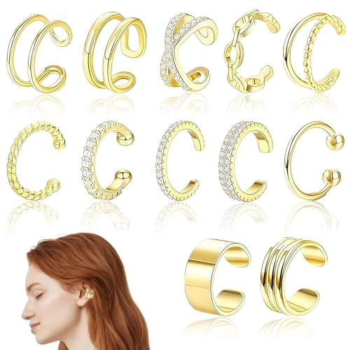 12 PCS Gold Ear Cuffs,Ear Cuff Earrings for Women Adjustable Fake Earrings Non Pierced Clip on Earring Fake Piercings Ear Cuffs for Women Clip on Wrap Earring Set for Men and Womens