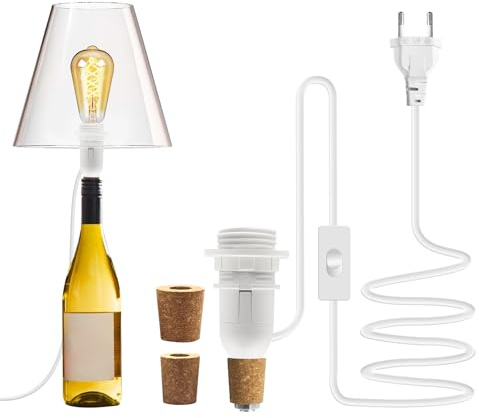 Flaschen Lampenfuß mit Kabel, Lampenfassung FüR Flaschen E14 mit Schalter Korken Adapter, Diy Flaschenlampe Komplettset FüR Weinflaschen Inkl 3 Bung-Weib GlüHbirne Nicht Enthalten