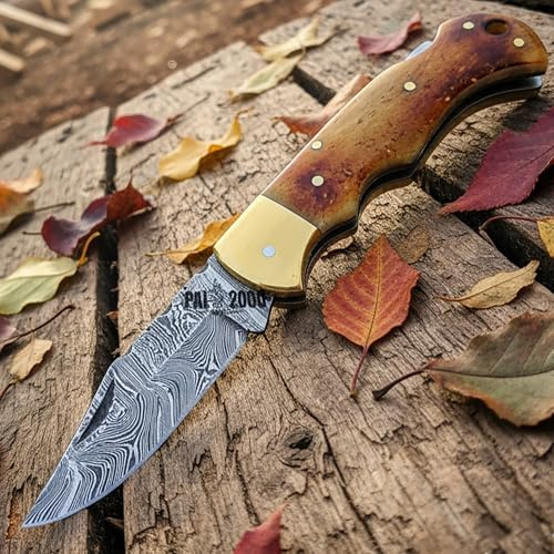 PAL 2000 KNIVES Coltello tascabile pieghevole in acciaio Damasco fatto a mano personalizzato con fodero 4009