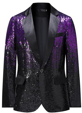 YFFUSHI Blazer de lentejuelas degradadas para hombre, solapa de muesca de 1 botón, chaqueta de traje brillante, chaqueta de esmoquin para banquete, morado-negro, XXL