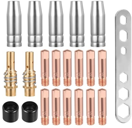 LightBeacon 22 Piezas Accesorios de Soldadura Consumibles de Máquina de Soldadura, para AK-15/MB-15, 5 Boquillas de Gas, 12 Boquillas M6 0,8 mm, 2 Mangos de Boquilla, 2 Aisladores, 1 llave