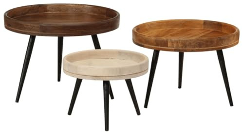 Foknhdi Juego de mesa de centro de madera de mango con patas de acero, 3 mesas auxiliares, redondas, diseño moderno, diámetro de 50, 45 cm, 35 cm, resistente y duradera, para salón, dormitorio