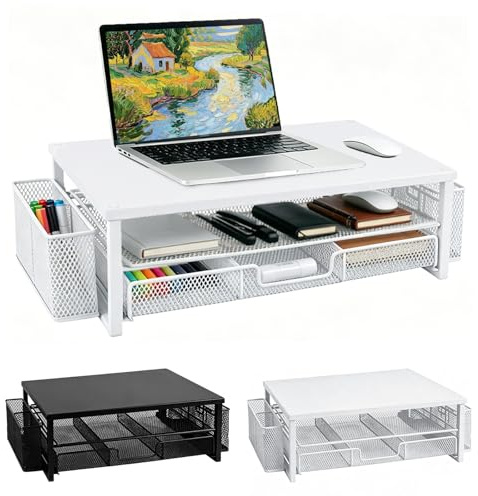 YuLiMirich Metall Monitor Ständer mit Schublade und 2 Stifthaltern, Monitor Erhöhung Schreibtisch Laptop PC Erhöhung für Schreibtisch, Ergonomischer Desktop Ständer für Büro Zubehör (Weiß)