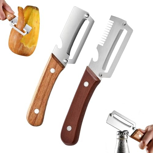 2 in 1 Vegetable Peeler with Bottle Opener, Stainless Steel Vegetable Peeler with Wide Blade and Ergonomic Wooden Handle, Universal Potato Peeler for Vegetables, Fruit, Potatoes, Carrots, Apples