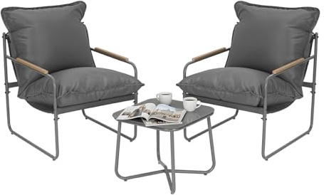 WOLTU Gartenmöbel Set 3-teilig Balkonmöbel, Grau | 160kg Belastbarkeit, 2 Sessel 1 Couchtisch und Kissen, Metallrahmen, Garten Balkon Möbel, Klein Gartentisch mit 2 Stühlen