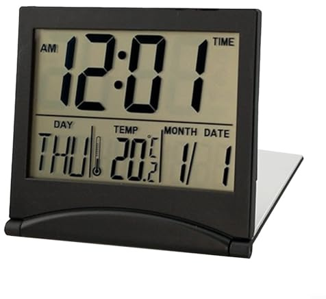 HomeVortex Foldable Digital Travel Alarm Clock,with Large LCD Display, & Date, Ultra-Thin Portable Silent Desk Timer for Home Office Camping, for battery(black)