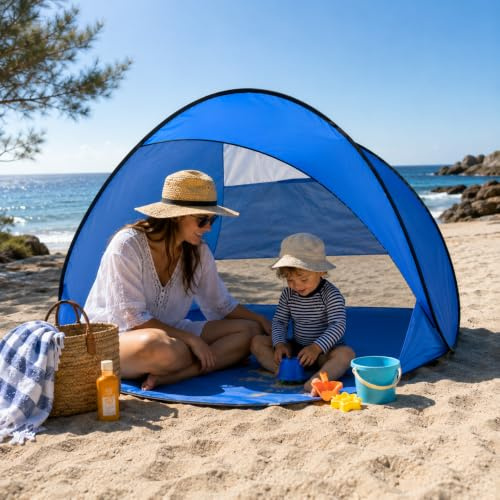 Pare-Vent de Plage Pop-Up, Bleu, Protection UPF 50, 150 x 85 cm, Arceaux Fibre de Verre, Toile Polyester, Housse Incluse, Plage et Camping