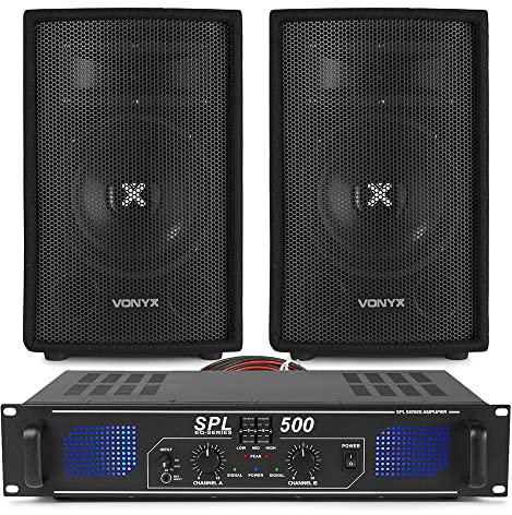 Vonyx SL8 8-Inch DJ Speakers and SPL500 Amp Package - Compact DJ Amplifier and Speaker Packages, Mobile Equipment Kit, Amps for Events, Professional Sound System Set