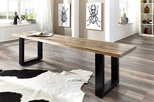 SAM® Stilvolle Sitzbank Imker aus Akazie-Holz, Bank mit lackierten Beinen aus Roheisen, naturbelassene Optik mit Einer Baumkanten-Oberfläche, 160 x 40 cm