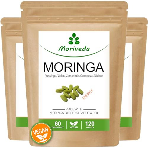 MoriVeda® Moringa Energy Tablets 950mg, 360 pcs. I Moringa altamente dosificada, con vitaminas, proteínas y aminoácidos en ayurveda I Vegano y sin gluten I 3 x 120 comprimidos