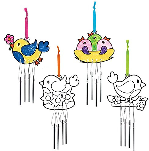 Baker Ross FC691 Bird Suncatcher Windchimes - Pack of 4, Painting Craft Kit for Kids, Stained Glass Window Crafts
