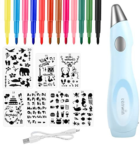 Forever Speed Elektrischer Farbsprühstift, airbrush set kinder mit 12 Filzstiften & 7 Schablonen, Airbrush Fun Farben sprühen für Kinder, Ungiftig