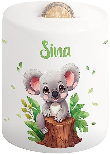 Süße Kinder-Spardose mit Namen – Sparschwein für Mädchen & Jungen – personalisiertes Geschenk zur Einschulung Taufe Geburtstag Weihnachten – Geldgeschenk-Verpackung Kinder (Koala, Blätter)