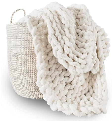 Dazzluxe Chunky Knit Filt, Mjuk Chenille Garn Throw, Handgjord Tjock Kabelstickad Virkfilt, Stor Stickad för Soffinredning, Mjölkvit, 100 * 120 cm