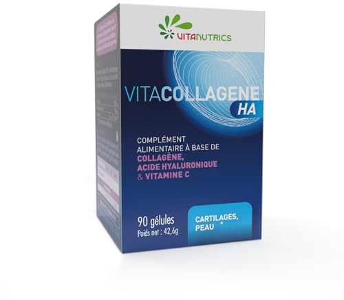 Vitanutrics - VITACOLLAGENE HA - Os, Gencives et Cartilages - Enrichi en Acide Hyaluronique et Vitamine C - Fabriqué en France - 90 Gélules