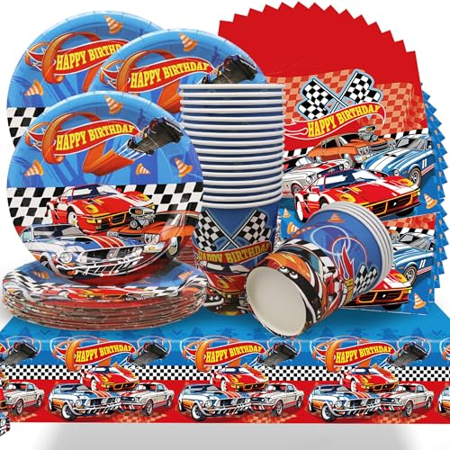 Lot de 61 décorations de table d'anniversaire pour enfants, vaisselle de course, ustensiles de fête cool voiture de sport, nappe, assiette, tasse, serviette pour 20 invités