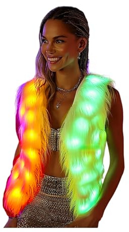 SHINYOU Women Light Up faux fur Coat, Smart LED Vest,Glow Fluffy Sparking Costume Waistcoat Christmas Party Music Festival (M-L, White Women)