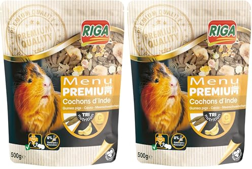 Riga - Menú Premium para Cobayas - Mezcla de Semillas, Cereales, Verduras y Frutas - Concepto Tri-Nutrición - Rico en Vitamina C y Minerales - 500 g (Paquete de 2)