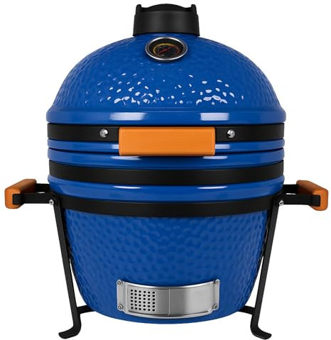 Barbecue Kamado Grill japonais en Céramique - Ø40 cm - Charbon de Bois - Thermomètre Intégré - Poignée en Bois - Couleur Bleu - Idéal Jardin, Terrasse, Camping