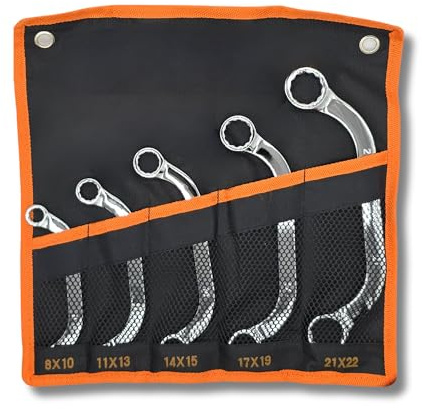 AC Tools Juego de 5 Llaves de Media Luna 8-10, 11-13, 14-15, 17-19, 21-22 Curvas en C – 45° | 12 Caras | Acero Cromo Vanadio