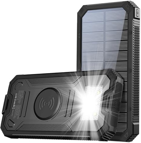 Power Bank，Solar Charger, 20000Mah Portable Wireless Charger with Flashlight And USB C Input/Output, Waterproof External Battery Pack for Camping Hiking Travel,Black