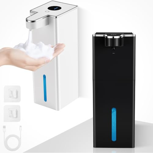 2 Stück Seifenspender Automatisch, Wandbefestigung Berührungslos 440ml Schaumseifenspender 4 Einstellbare Stufen mit Sensor, USB Wiederaufladbar 1800 mAh für Küchen,Bad,Schule,Hotel（Weiß+Schwarz）