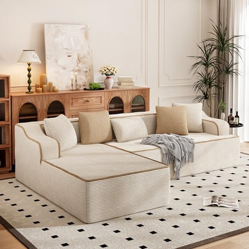 PHI VILLA Ecksofa mit Schlaffunktion Cloud Boneless Couch, 3 Sitzer L Form Modulares Sofa Wohnzimmer Cord Keine Montage Beige
