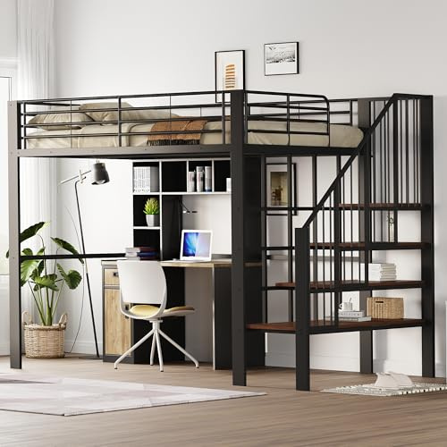 vutizal Hochbett 140x200 cm Schwarz Hochbelastbar (150 kg) | Stauraumbett Metall mit Treppe | Extra Stauraum unter Stufen | Robust für Familien | Ideal für kleine Räume und Erwachsene