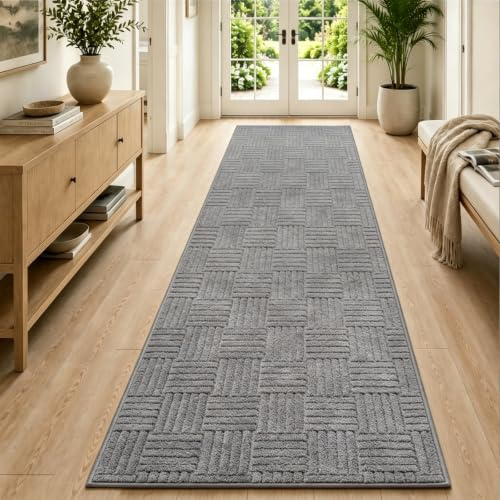 VSIWB Teppich Läufer Flur 80x300cm, Waschbarer rutschfest Kurzflor Küchenläufer, 3D Effekt Flauschiger weiche Grau Moderner Teppich Flur für Küche, Wohnzimmer, Schlafzimmer, Diele, Eingang