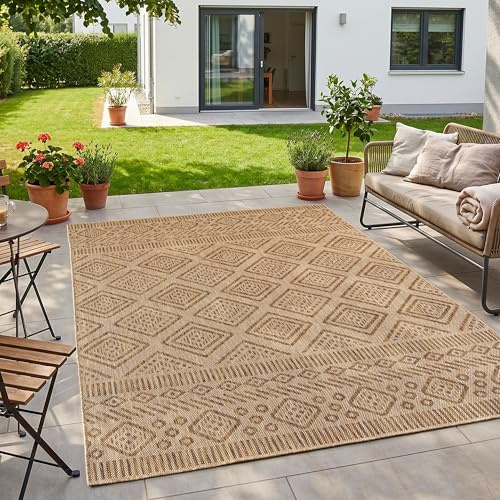 HomebyHome Outdoor Teppich Beige Jute Optik 120x160 cm Balkon Terrasse Garten Wetterfest UV-beständig Mittel Rauten Design Flachgewebe Pflegeleicht Robust Modern
