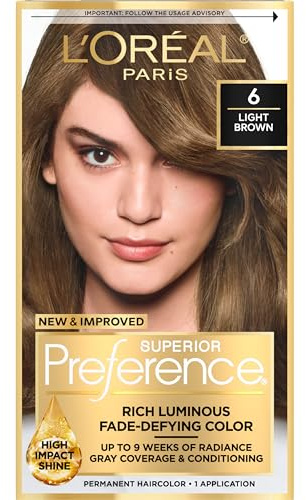 L'Oreal Paris Superior Preference Fade-Defying + Shine Permanent Hair Color, 6 Light Brown, Pack of 1, Hair Dye