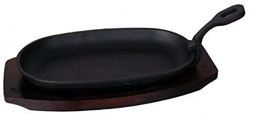 Buckingham Pre-Seasoned Cast Iron Sizzler Serving Dish/Steak Platter with Wooden Stand, Wood, Black, 24 cm x 14 cm