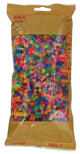 Hama Perlen Lot de 205 à 80 perles à repasser - Environ 6 000 perles multicolores de bricolage Midi de 5 mm de diamètre - Mélange fluo transparent - Pour petits et grands