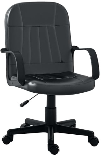 HOMCOM Office Chair Swivel PU Leather Wheels Home Office Black | Computer Desk Chair, Armrests, Adjustable Height, Supports 150kg