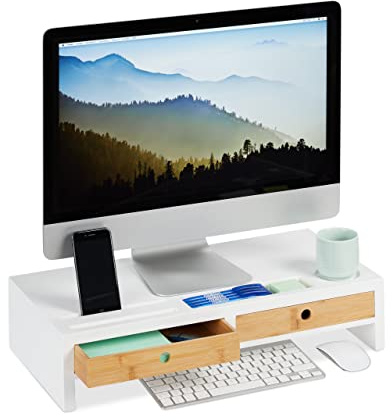 Relaxdays Monitorständer, 2 Schubladen, PC Erhöhung für Schreibtisch, Bambus & MDF, HBT: 12 x 55,5 x 27 cm, weiß/Natur, Bambus + MDF L | PC Erhöhung für Schreibtisch, Bambus & MDF, HBT: 12 x 55,5 x 27 cm