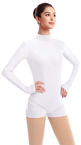 ODASDO Women Adult Mock Neck Gymnastics Dance Leotard Boyshorts Long Sleeve Bodysuit Ballet Dancewear Spandex One-piece Biketard Unitard Shorts Traning Sports Party Costume White L