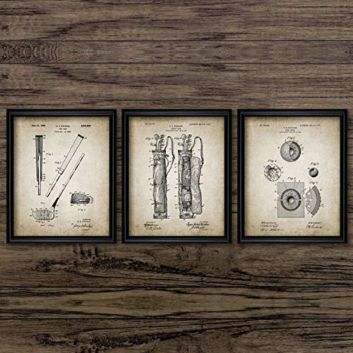 Yimesoy Golf Patent Vintage Posters And Prints Golfing Equipment Design Gift Idea Wall Art Pictures 3 Pieces Canvas Painting Golf Clubhouse Decor 20X28X3Panels