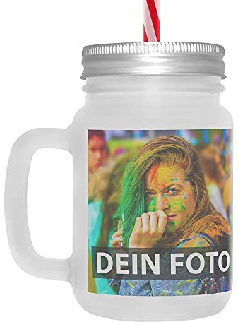 Tassendruck Trinkglas mit Foto personalisiert - Cocktailglas mit Deckel und Mehrweg-Strohhalm, wiederverwendbar - Henkel-Glas satiniert, 400 ml