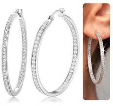 Finrezio Boucles d'oreilles créoles rondes en argent sterling 925 pour femme avec oxyde de zirconium - 38 mm - Légères et brillantes - Plaqué or/blanc, Strass, Zircone cubique