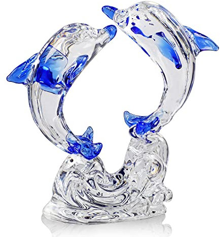 H&D HYALINE & DORA Figuras coleccionables de delfines de cristal doble, estatua de escultura de animales marinos, adornos de decoración de escritorio para el hogar