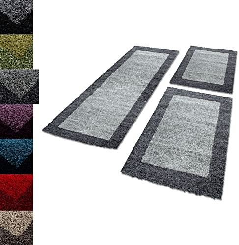 Carpettex Bettumrandung Schlafzimmer 3teilig Shaggy Teppich Hochflor Bordüre Muster Grau Bettset:2 mal 80x150 + 1 mal 80x250 - Bettvorleger Schlafzimmer Läuferset Weich Langflor Bettumrandung Teppich