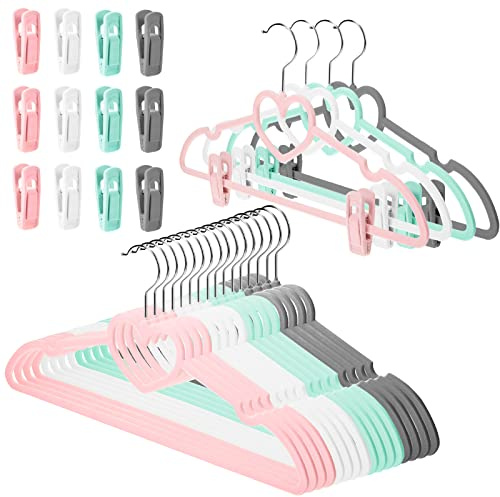 Tessco for you 20 Pcs Velvet Clothes Hangers with 20 Pcs Clips Non Slip Space Saving Skirt Hanger 360 Degree Swivel Hook Felt Heart Shaped Drying Rack for Pants (Multicolor, Velvet)