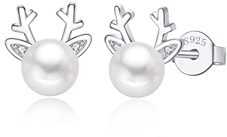 Josfeva Silber Weihnachten Ohrringe Damen, 925 Sterling Silber Weihnachts Ohrstecker, Schneeflocke Elch Perle Ohrstecker Silber für Damen, 10mm Silber Schlafen Ohrstecker zum Winter Weihnachten