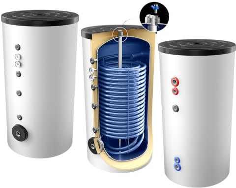 400 Liter emaillierter Hochleistungs-, Warmwasserspeicher/Trinkwasserspeicher/Wärmepumpenspeicher, EEK C, mit 1 doppelt gewickelten Wärmetauscher, inkl. Isolierung, Magnesiumanoden und Thermometer