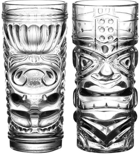 Cabilock 2er Set Tiki Cocktailgläser 420ml - Transparente Tiki-Gläser, Bar-Gläser mit Totem & Gesicht Design für Hawaii-Party, Ideal für Exotische Zombie Cocktails, Mai Tai Long Island Eistee