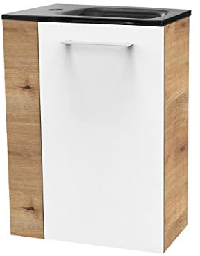 FACKELMANN SBC Gäste-WC Set 2 Teile – Waschtischunterschrank in Weiß mit Holz Braun mit Waschbecken aus Glas in Anthrazit – Waschbeckenunterschrank schmal – Türanschlag rechts – 45 cm breit
