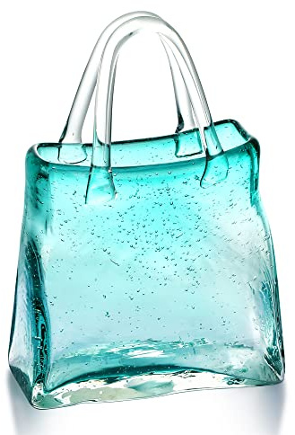 12-Inch Hand-Blown Glass Purse Vase with Bubbles and Handle - Modern Flower Vase for Centerpieces, Decor