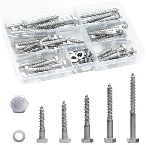 Sechskant Holzschrauben Edelstahl A2 VA, 50 Stück DIN 571/SC571 - Stahl galv. verzinkt Holzschrauben mit 50 Stück Unterlegscheiben, Schlüsselschrauben 6 x 30, 35, 40, 50, 60mm (10 Stück pro Größe)
