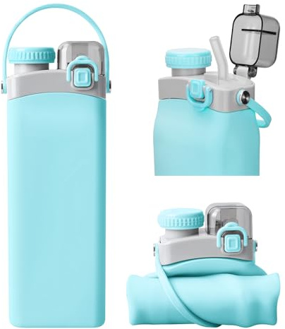 Nefeeko Botella plegable de silicona de 600 ml con pajita, botella de agua reutilizable a prueba de fugas, sin BPA, para viajes, camping, yoga, escuela, exterior (azul cielo)
