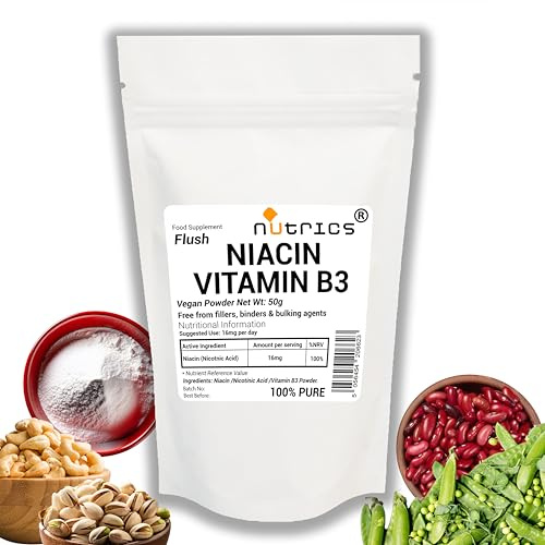 Nutrics® Vitamin B3 Flush NIACIN NICOTINIC Acid 50g 100% Pure Vegan Powder - Free from fillers Binders & Bulking Agents Non GMO